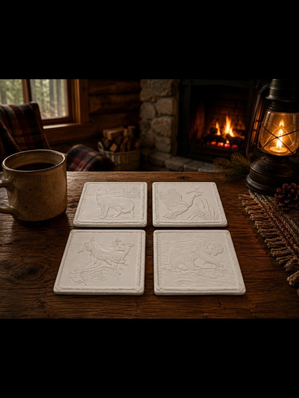 Lenox Great Outdoors Wildlife Embossed Ceramic Coaster Set Cabin Lodge Rustic